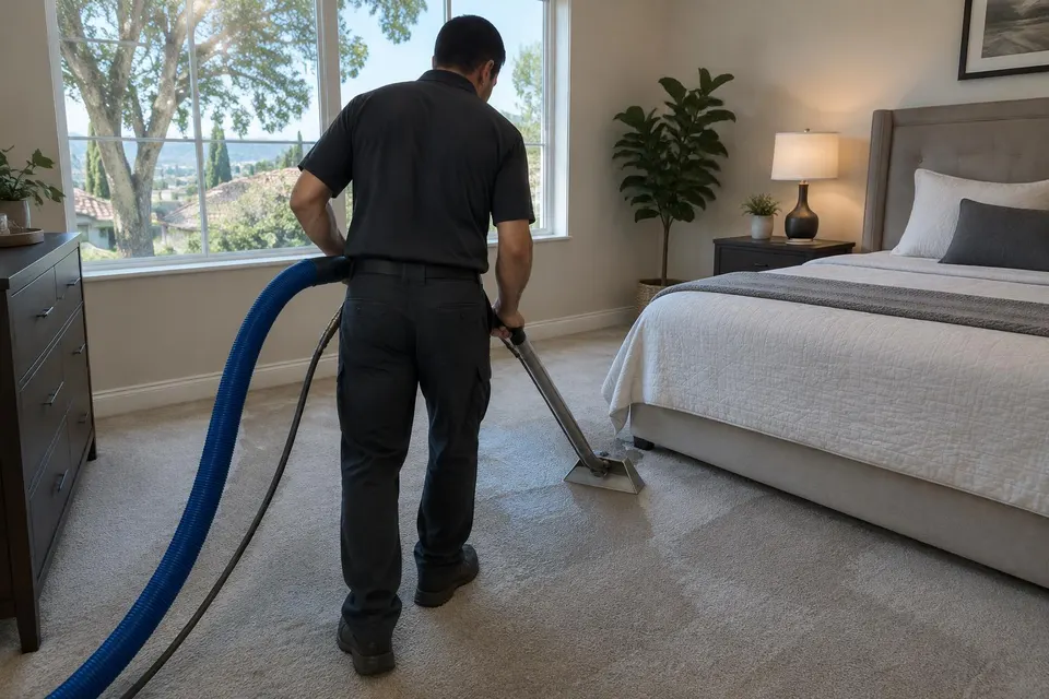 Generated illustration of a technician extracting water from a bedroom carpet in a two-story home