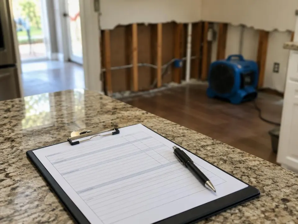 Generated illustration of a clipboard with a blank estimate form near a room with opened drywall