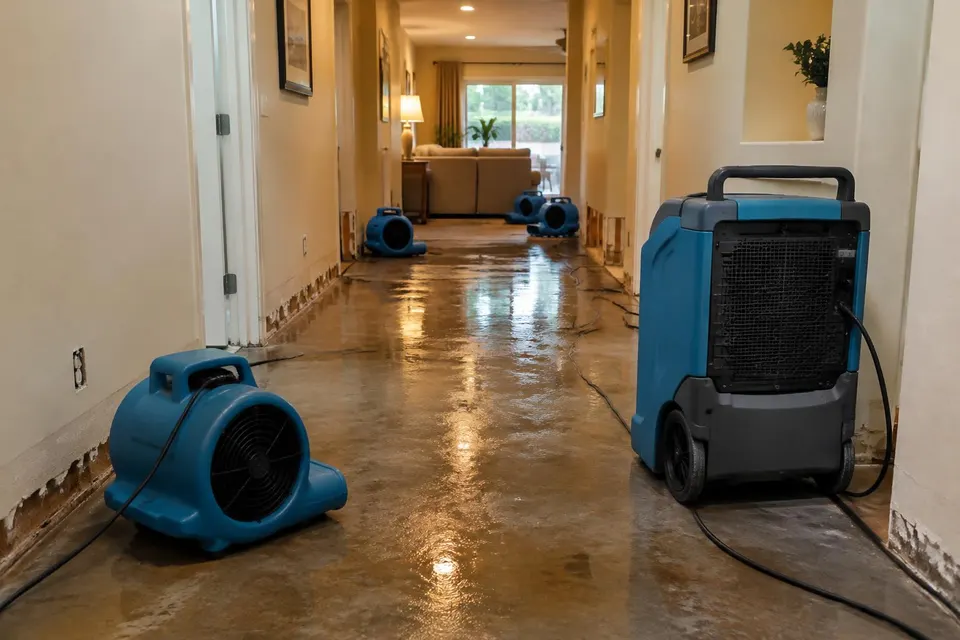 Generated illustration of air movers and a dehumidifier drying a hallway in a single-story home