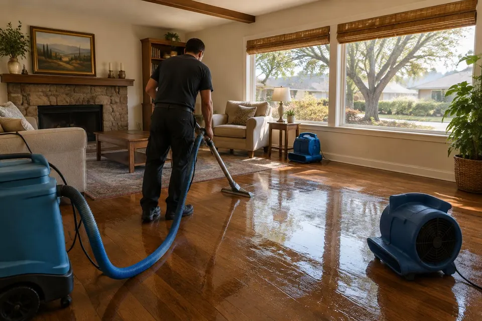 Generated illustration of a technician extracting water from a wet hardwood floor in a single-story home