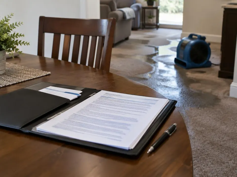 Generated illustration of insurance papers on a dining table with a wet carpet and an air mover behind
