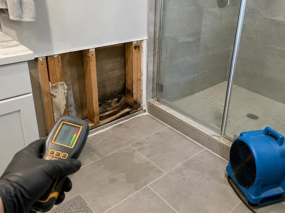 Generated illustration of opened drywall beside a tiled shower with a moisture meter and an air mover