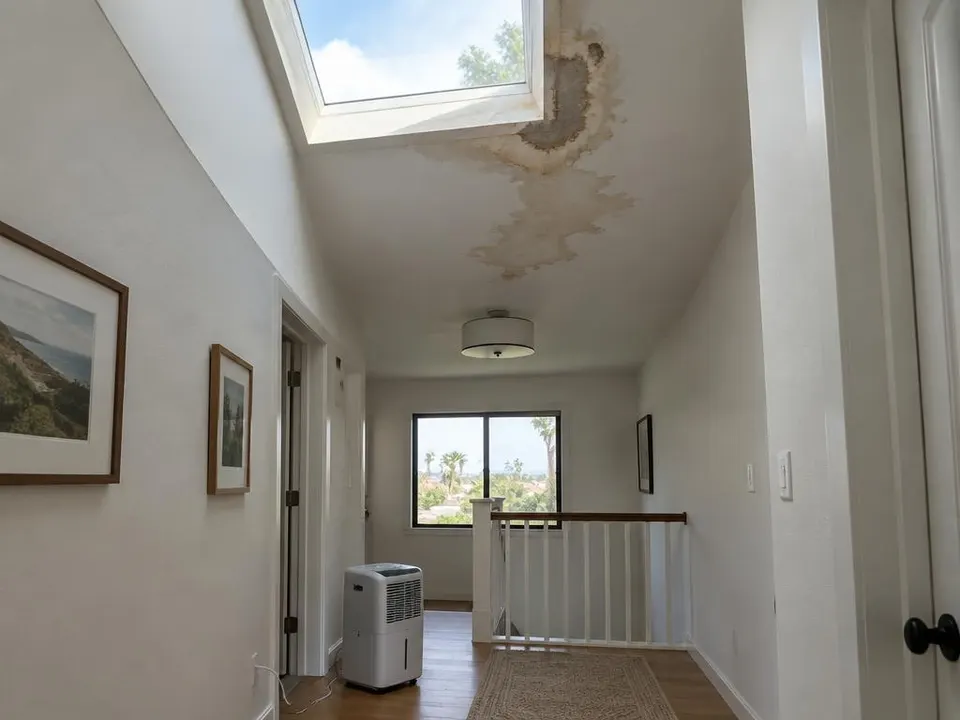 Generated illustration of a water stain on a ceiling around a skylight with a dehumidifier below