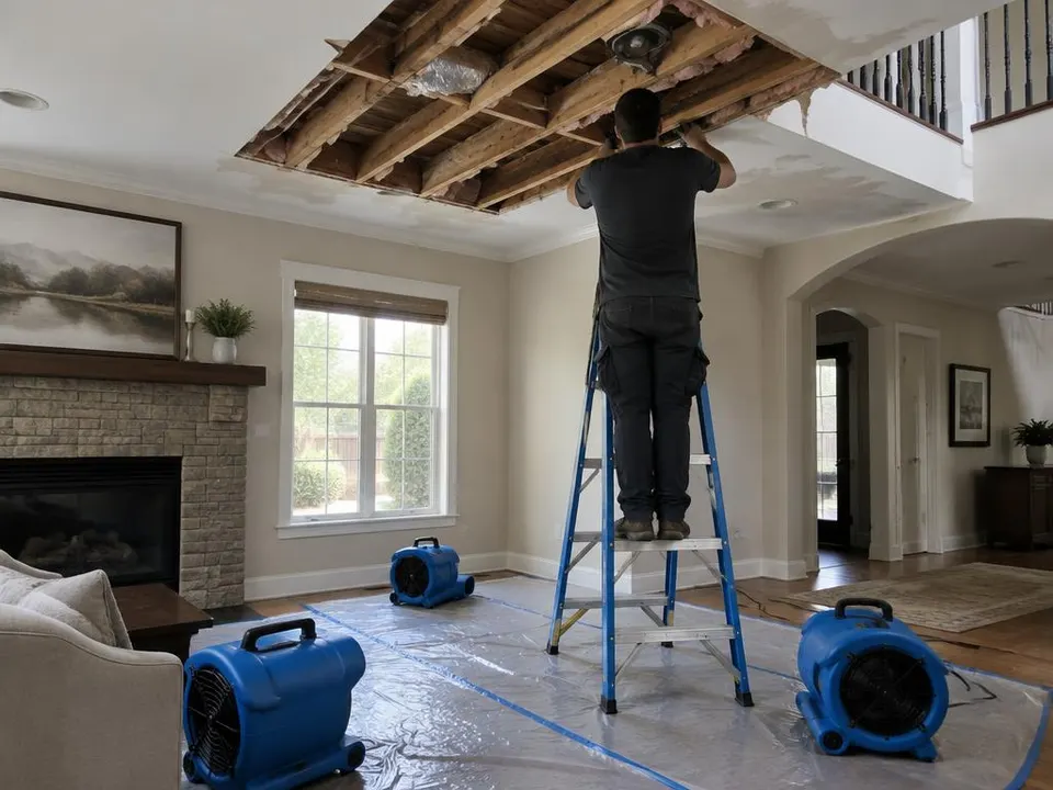 Generated illustration of a technician on a ladder at an opened ceiling below an upper floor, with air movers